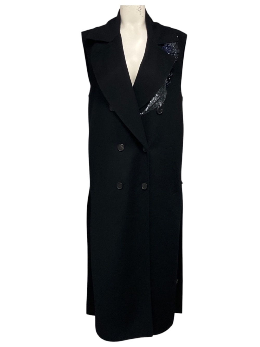 ALBINO TEODORO NAVY BLUE BEAD EMBELLISHED WOOL AND ANGORA LONG VEST